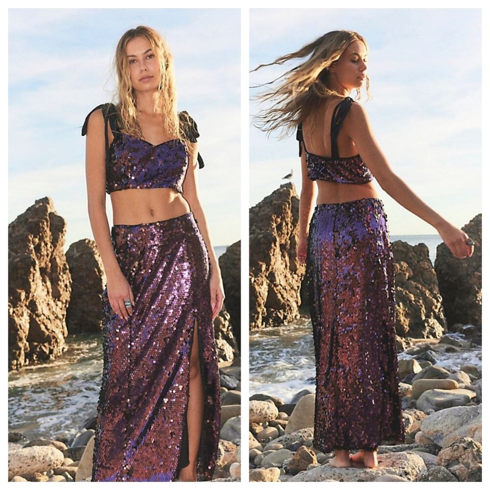 Free People Star Bright Sequin Two-Piece Crop Top & Midi Skirt